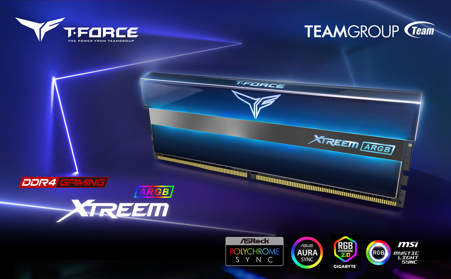 Team T-Force XTREEM ARGB Desktop Memory Model side view and Team Group logo